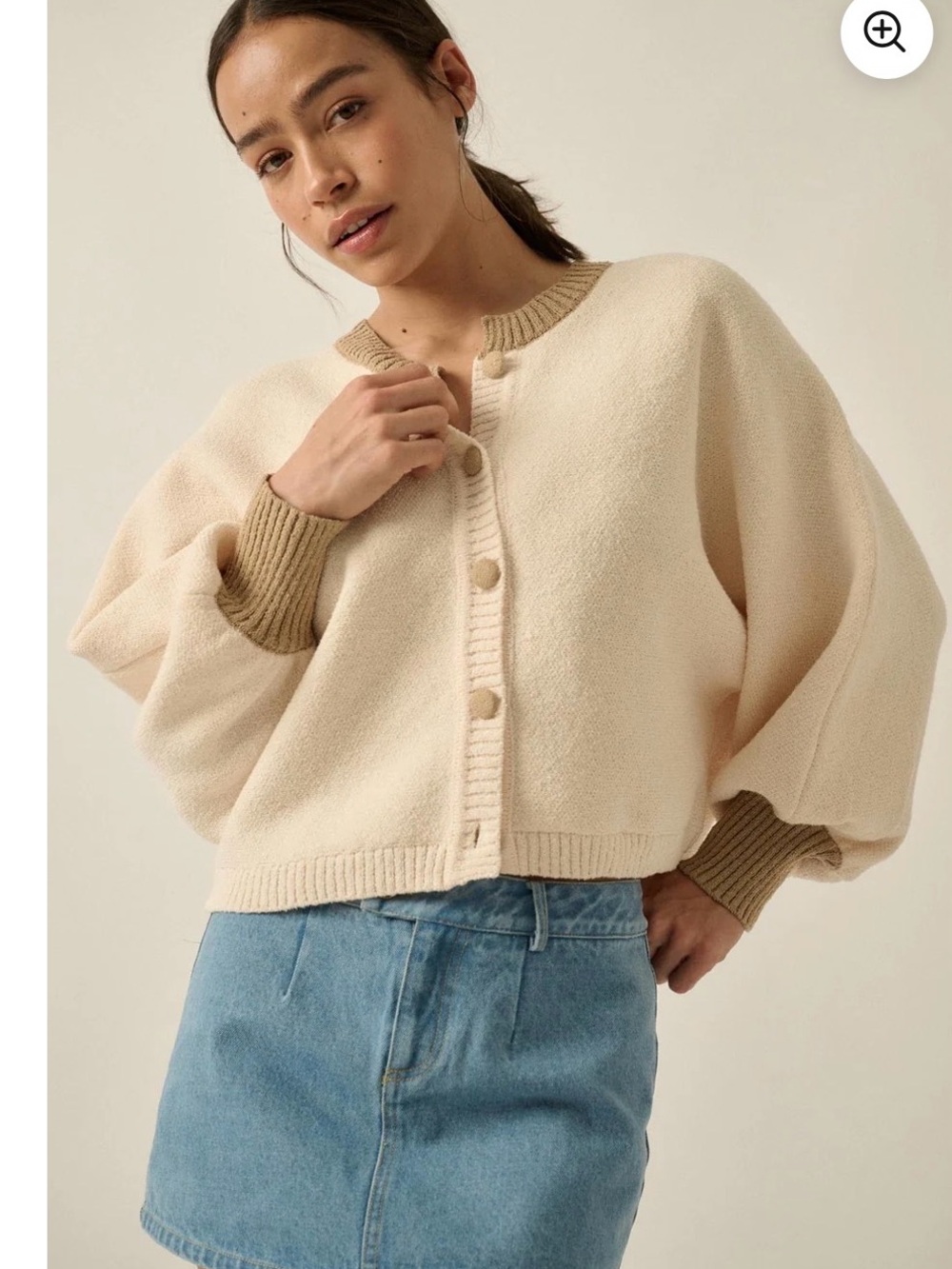 Promesa Ready or Not Contrast Knit Bubble-Sleeve Cardigan Small Cream/Sand New